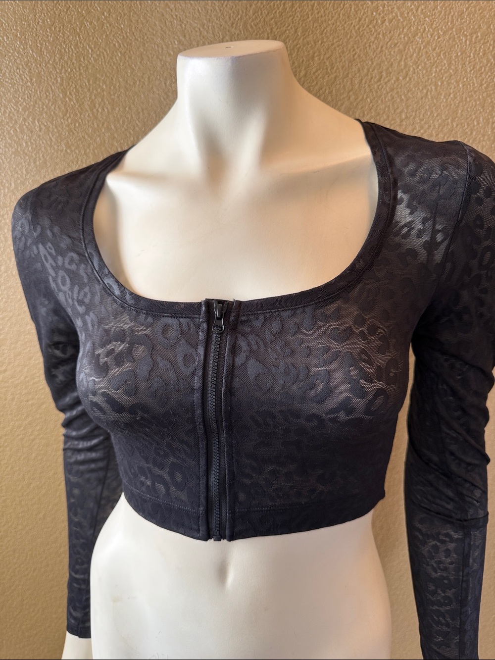 Victoria's Secret Black Sheer Leopard-Print Zip Crop Top